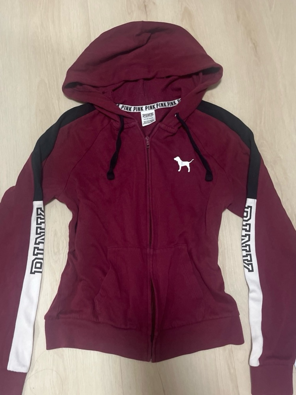 Y2K PINK Victoria's Secret Maroon Zip-Up Hoodie with Black & White logo sleeves